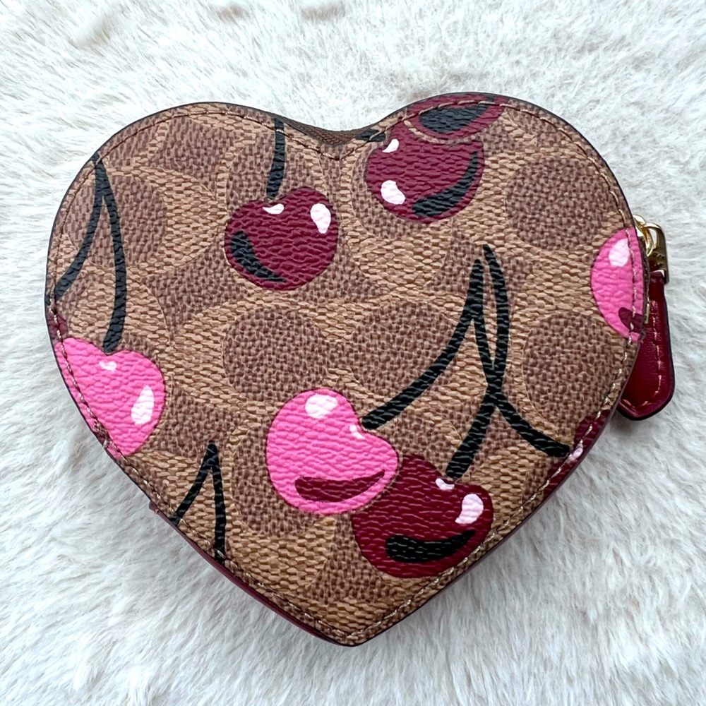 Coach CZ477 Leather Heart Coin Case With Cherry Print - Picture 2 of 6